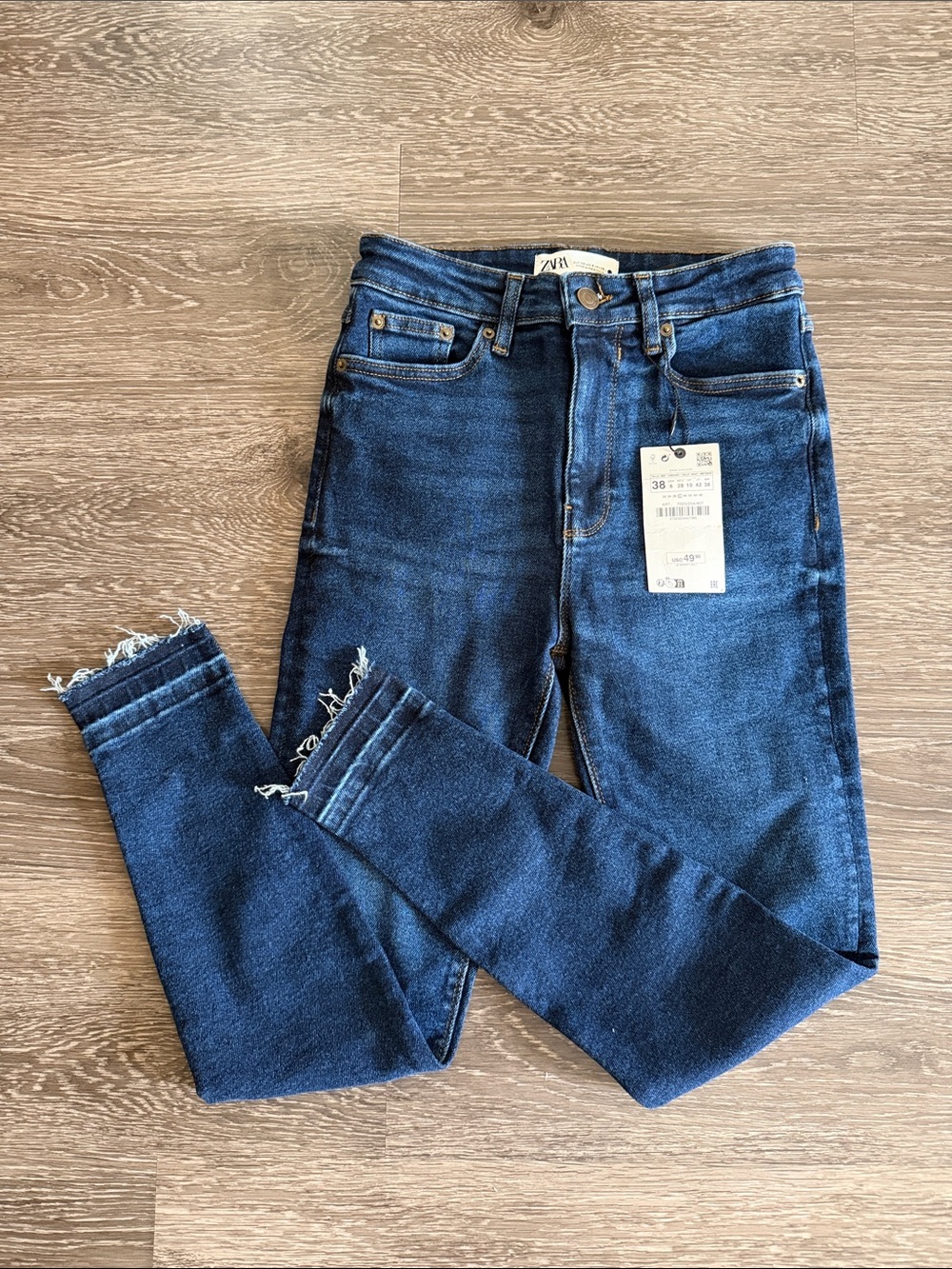 NWT Zara Indigo High-Rise Skinny Jeans with Frayed Hem